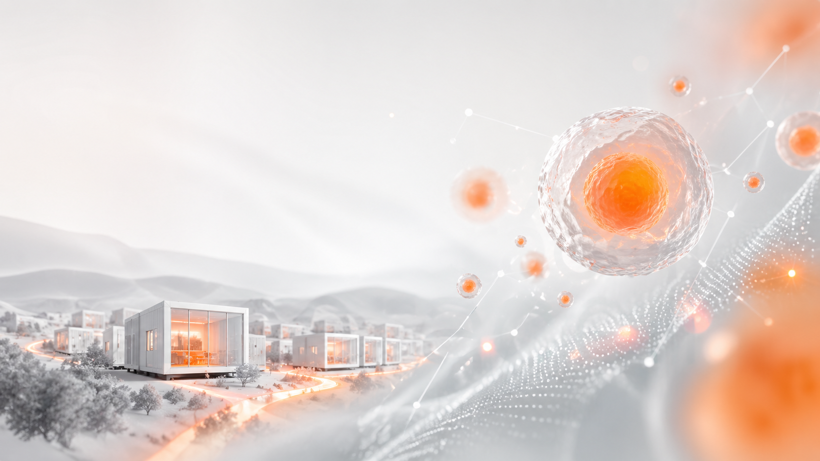 Modular ATMP manufacturing units in a serene landscape with cellular network visualization