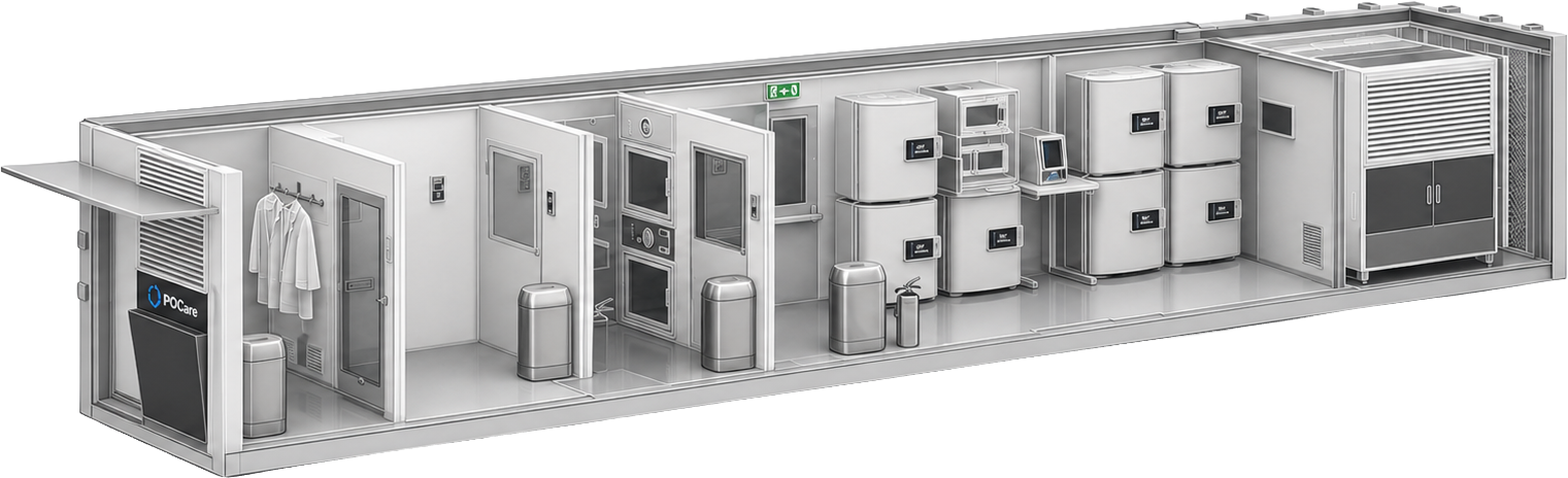 Modular mobile processing laboratory deployed beside a modern hospital